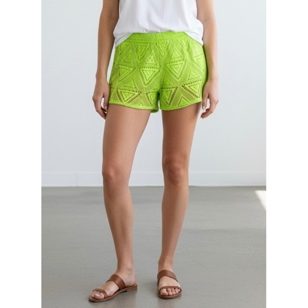 Del Mar Women Neon Lime Green Crochet Geometric Swimsuit Cover-Up Shorts Size L
